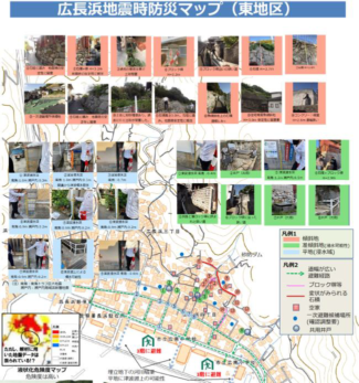 傾斜地の密集住宅地における一時避難場所候補地 ● までの 避難経路案と避難阻害要因の表示例（胡子地区）